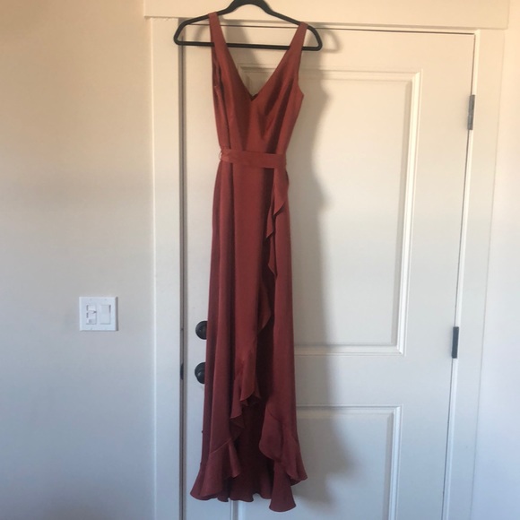 David's Bridal Dresses & Skirts - David’s Bridal. Crepe Satin Ruffle High-Low Bridesmaid Dress in Cinnamon.